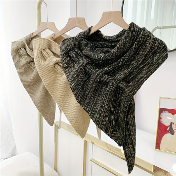 Casual Jacquard Knitted Shawl - Polyester Fiber, Elastic, Windproof, Warmth-Enhancing, Hand Washable, Decorative Triangle Scarf for Going Out