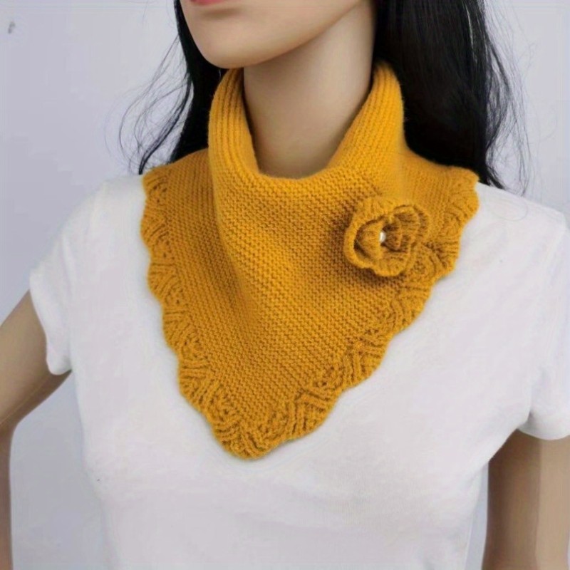 Elegant Knit Triangle Scarf for Women - Cozy, Breathable & Windproof with Floral Crochet Detail, Perfect for Autumn\u002FWinter