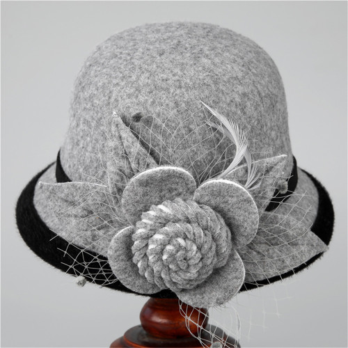 Elegant Women's Tweed Bowler Hat with Mesh & Flower Accents - Vintage Wide Brim Church Cap for Fancy Dress Costumes, Handwash\u002FDry Clean