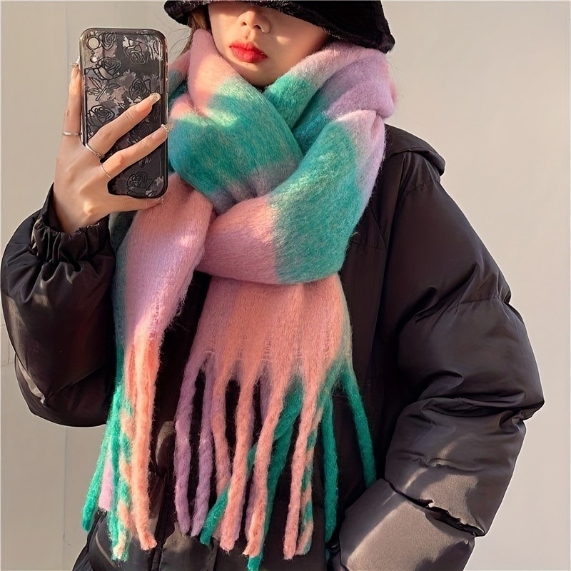 Long Boho Rainbow Color Scarf Plaid Tassel Chunky Imitation Tassel Shawl Autumn Winter Neck Warm Neckerchief