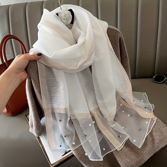 Luxurious Faux Pearl Chiffon Scarf - Fashion Scarves with Elegant Imitation Silk, Shiny Color Block Design, Versatile Head Wrap, Hijab, and Chic Shawl for Women - Perfect Accessory for Any Occasion