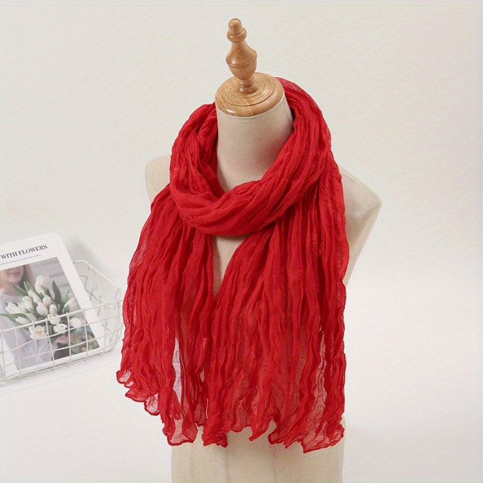 Solid Color Crinkle Bali Yarn Scarf - Fashionable Vintage Style - Lightweight, Breathable & Sun-Protective Head Wrap, Shawl & Beach Towel - Perfect for Travel & Stylish Summer Outfits
