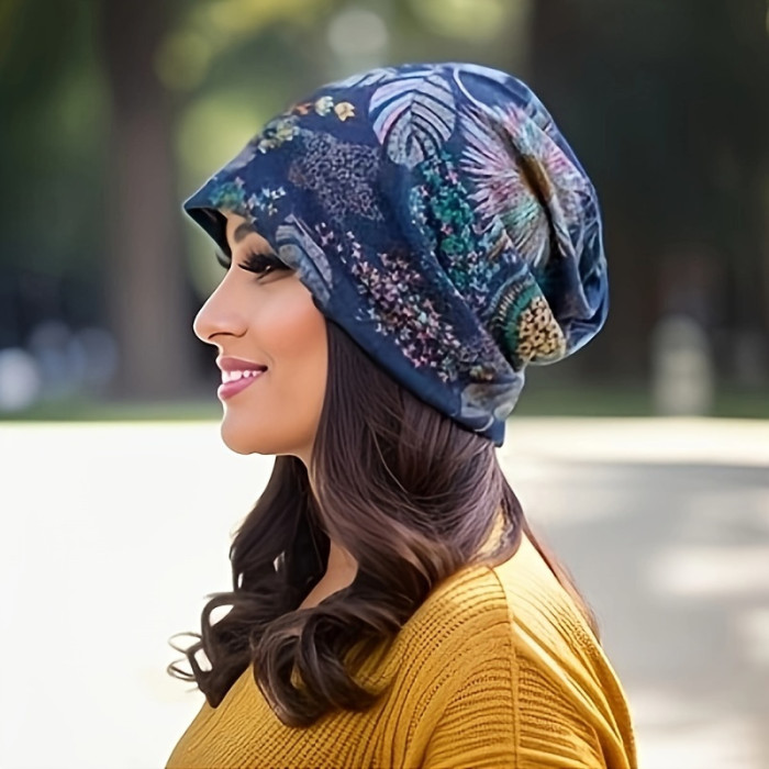 Floral Print Slouchy Beanie Hat, Bohemian Style Hat, Lightweight Vintage Skull Cap For Autumn Winter, Chemo Hat