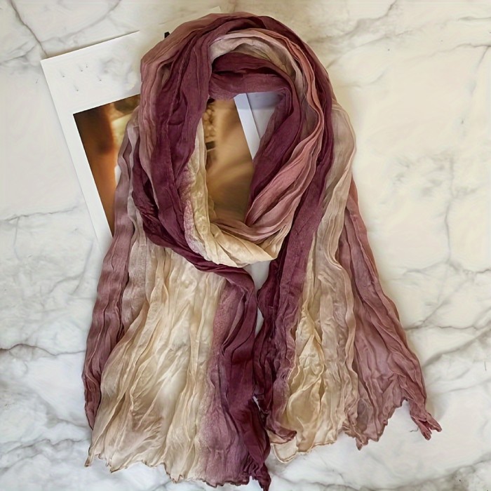 Color Block Crinkled Scarf Thin Breathable Retro Literary Shawl Simple Style Sunscreen Wrap For Women