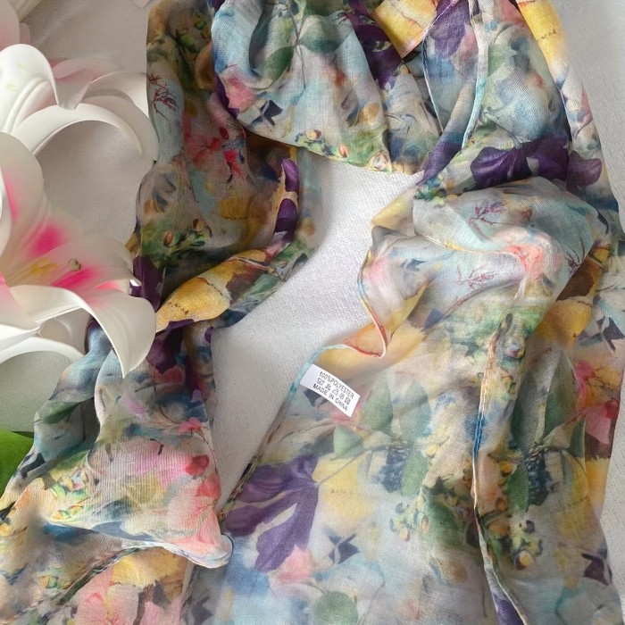Breezy Beauty, Boho Chic Lightweight Bali Yarn Scarf for Women - Colorful Floral Print, Breathable Shawl Wrap, Perfect for Casual Outings