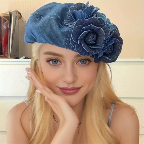 Chic Denim Beret with 3D Floral Accent - Trendy Color Block, Foldable Painter Cap for Women