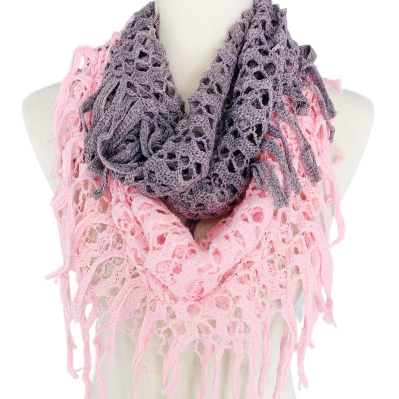 Ultra Soft Two Tone Knitted Fringed Infinity Scarf – Twistable Loop Snood for Chic Style & Cozy Warmth