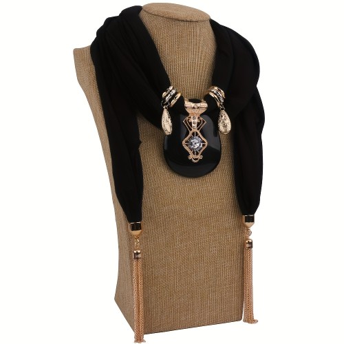 Vintage Glamour Chain Tassel Pendant Scarf - Solid Color Thin Neck Scarf with Crystal Decorative Accents - Elegant Jewelry Scarf for Women, Perfect for Everyday Wear and Special Occasions