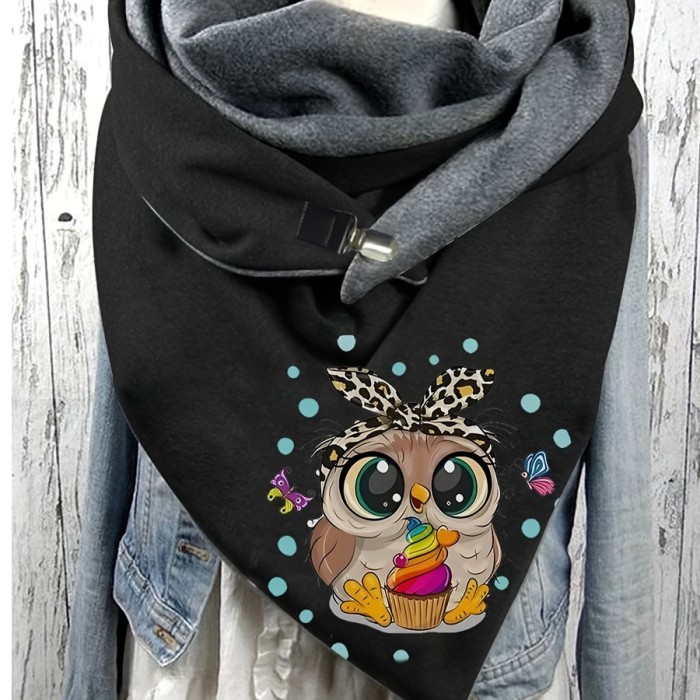 Women's Casual Warm Owl Print Triangle Scarf - 100% Polyester, Elastic, Windproof - Decorative Animal Pattern Shawl Wrap for Weekend Wear