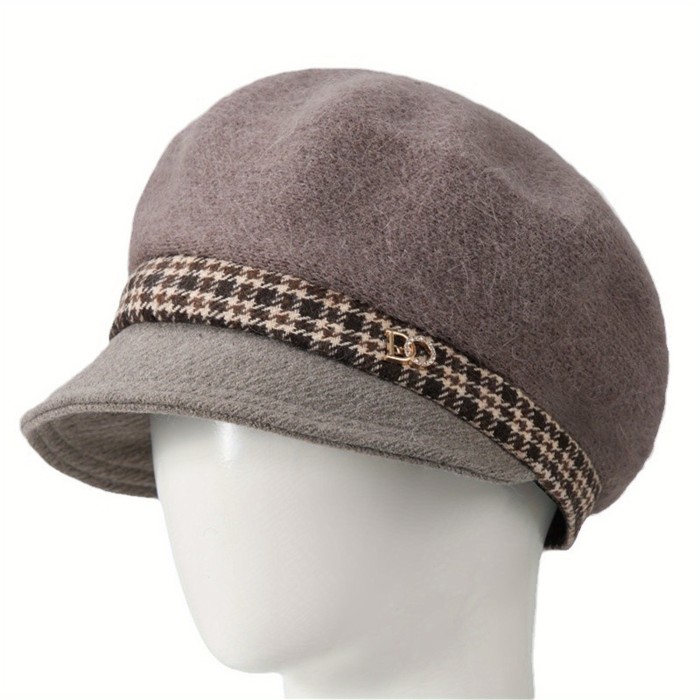 Women'S Fashion Knitted Newsboy Cap with Houndstooth Band, Polyester, Classic Retro Cabbie Beret, Non-Stretch, with Hand Wash\u002FDry Clean for Daily Travel
