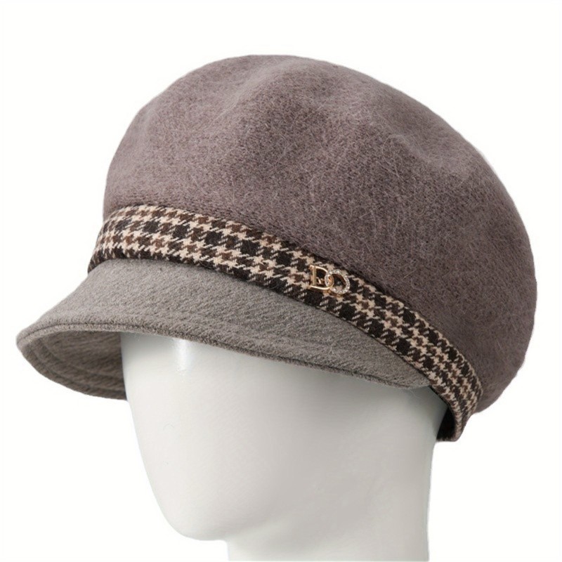 Women'S Fashion Knitted Newsboy Cap with Houndstooth Band, Polyester, Classic Retro Cabbie Beret, Non-Stretch, with Hand Wash\u002FDry Clean for Daily Travel