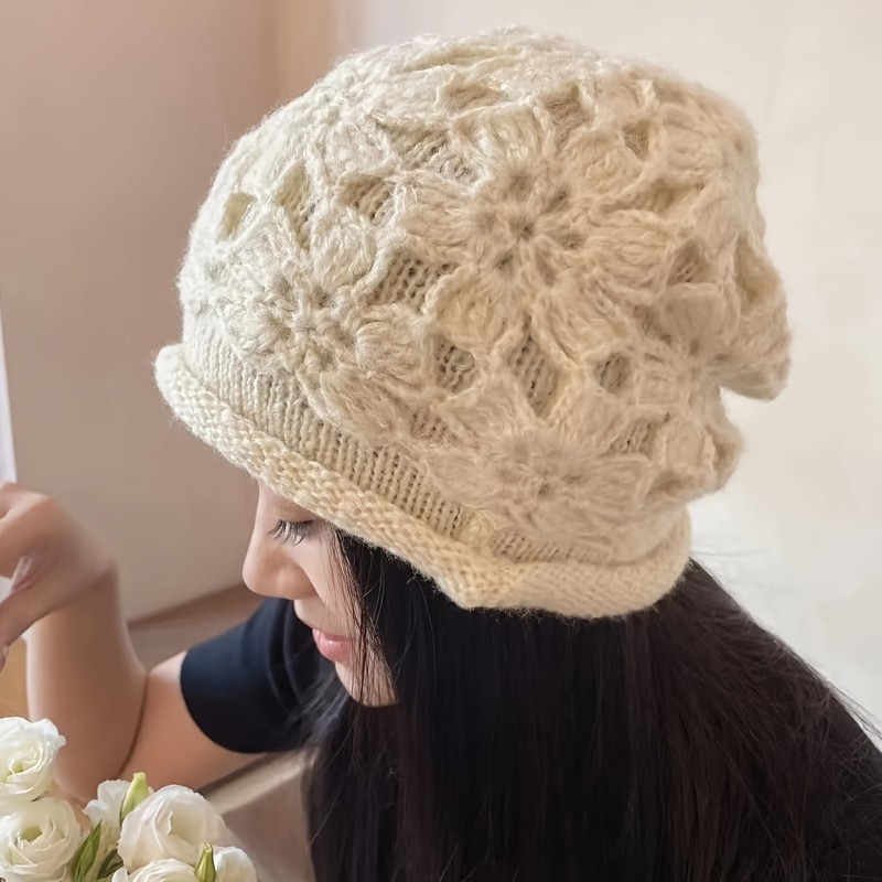Korean Style Handmade Crochet Thick Warm Beanie Hat With Earmuffs For Women - Winter Fashion Casual Pompom Hat