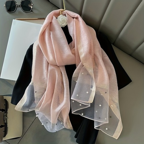 Luxurious Faux Pearl Chiffon Scarf - Fashion Scarves with Elegant Imitation Silk, Shiny Color Block Design, Versatile Head Wrap, Hijab, and Chic Shawl for Women - Perfect Accessory for Any Occasion