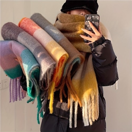 Long Boho Rainbow Color Scarf Plaid Tassel Chunky Imitation Tassel Shawl Autumn Winter Neck Warm Neckerchief