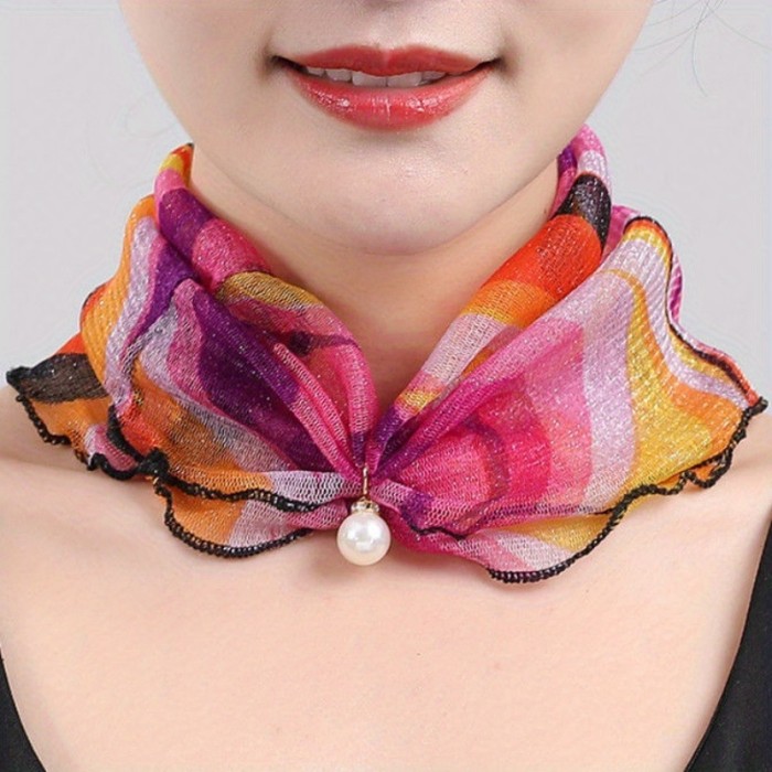 Luxurious Ruffles Faux Pearl Pendant Infinity Scarf - Sparkling Floral Print, Warm Gauze Collar, Decorative Neck Gaiter, Elegant Women's Neck Scarf for Any Occasion