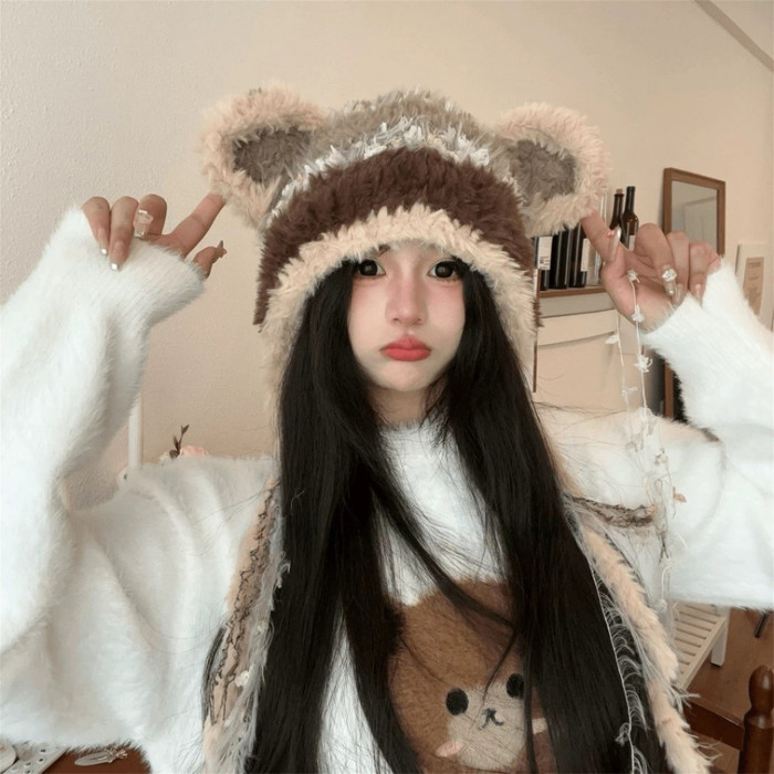 Women'S Plush Bear Ear Beanie, Polyester Fuzzy Animal Hat, Winter Warm Knitted Cap, with Elasticity, Hand Washable, for Outdoor Accessory
