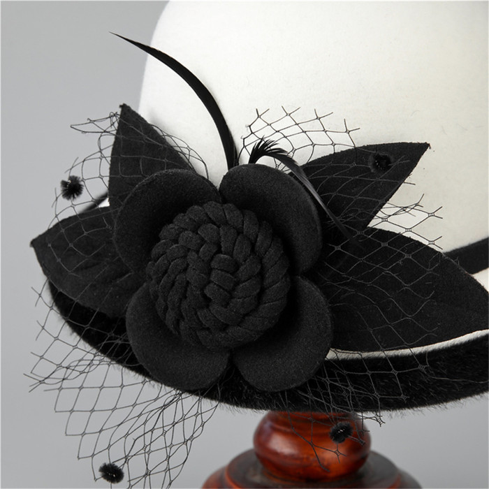 Elegant Women's Tweed Bowler Hat with Mesh & Flower Accents - Vintage Wide Brim Church Cap for Fancy Dress Costumes, Handwash\u002FDry Clean