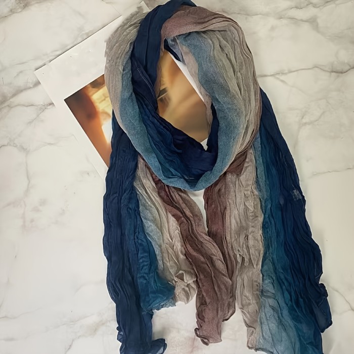 Color Block Crinkled Scarf Thin Breathable Retro Literary Shawl Simple Style Sunscreen Wrap For Women