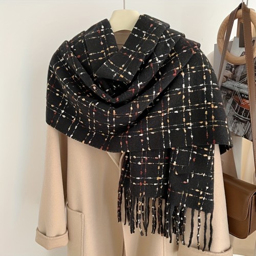 Cozy Thick Faux Cashmere Scarf with Plaid Dots & Tassels, Warm & Soft for Fall\u002FWinter