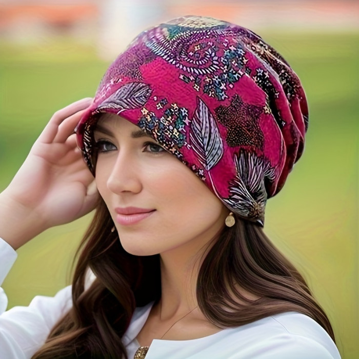 Floral Print Slouchy Beanie Hat, Bohemian Style Hat, Lightweight Vintage Skull Cap For Autumn Winter, Chemo Hat