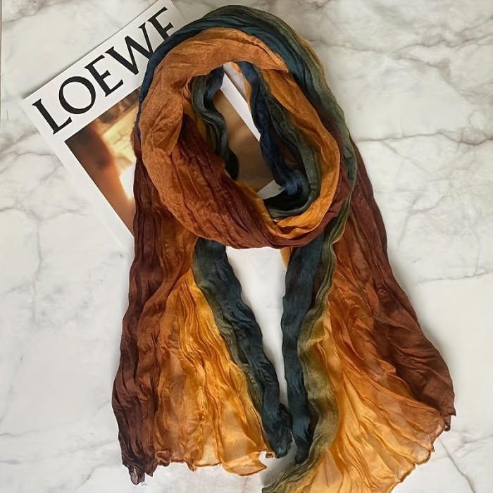 Color Block Crinkled Scarf Thin Breathable Retro Literary Shawl Simple Style Sunscreen Wrap For Women