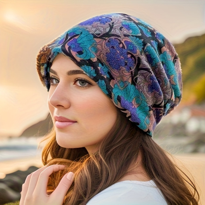 Floral Print Slouchy Beanie Hat, Bohemian Style Hat, Lightweight Vintage Skull Cap For Autumn Winter, Chemo Hat