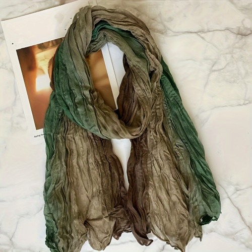 Color Block Crinkled Scarf Thin Breathable Retro Literary Shawl Simple Style Sunscreen Wrap For Women