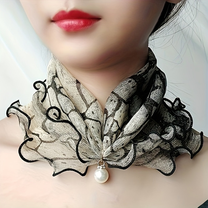 Elegant Polyester Chiffon Scarf Fake Collar with Faux Pearl Pendant, 100% Polyester Breathable Sheer Neck Gaiter with Ruffle Trim for Women - All-Season Decorative Elastic Neck Warmer, Non-random Printed Design for Outings, 1 Piece