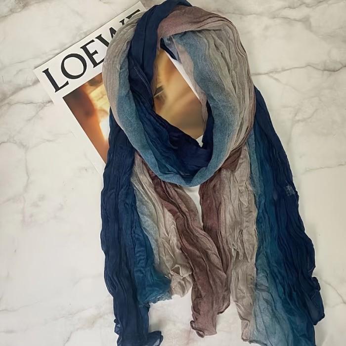 Color Block Crinkled Scarf Thin Breathable Retro Literary Shawl Simple Style Sunscreen Wrap For Women