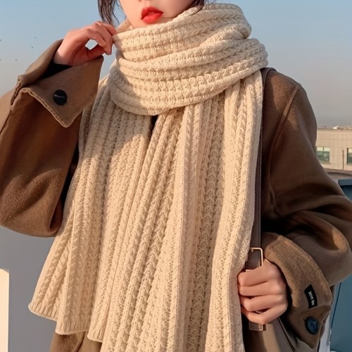 Preppy Style Knit Polyester Scarf - Elastic, Decorative & Windproof Chunky Scarf for Going Out - Women'S Warm Korean-Style Knitted Scarf for Autumn\u002FWinter - No Feather, Hand Washable