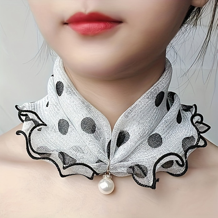 Elegant Polyester Chiffon Scarf Fake Collar with Faux Pearl Pendant, 100% Polyester Breathable Sheer Neck Gaiter with Ruffle Trim for Women - All-Season Decorative Elastic Neck Warmer, Non-random Printed Design for Outings, 1 Piece