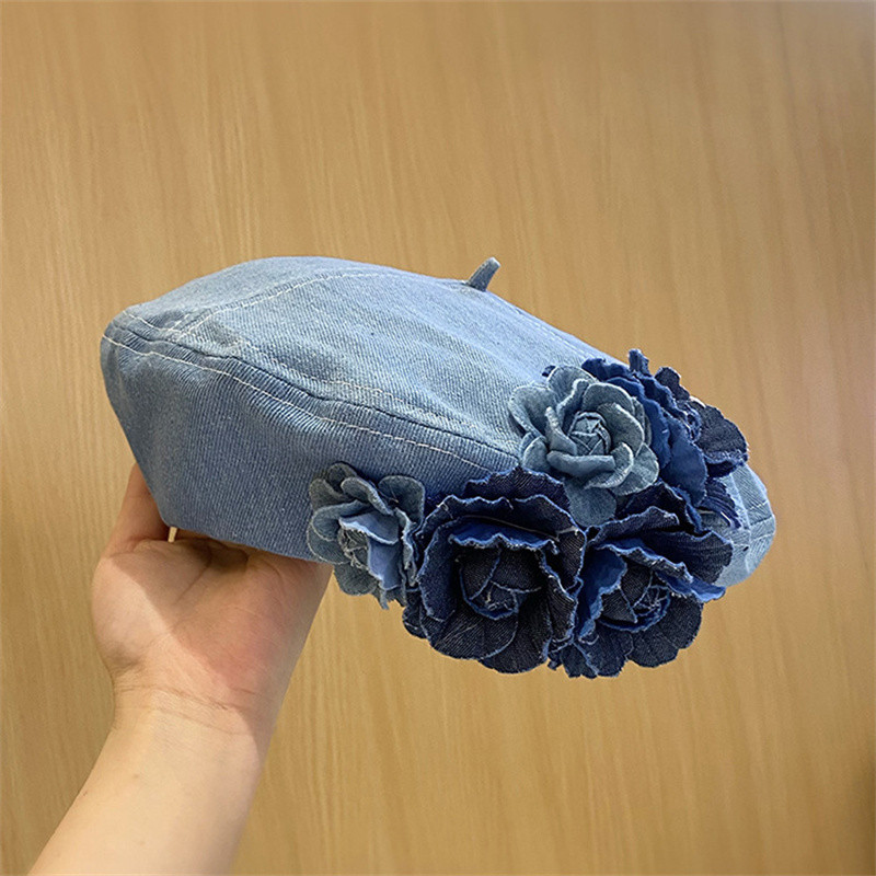 Chic Denim Beret with 3D Floral Accent - Trendy Color Block, Foldable Painter Cap for Women
