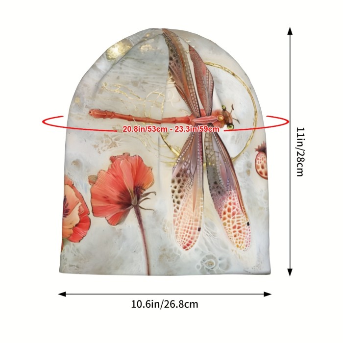 Premium Retro Boho Style Fresh Beanie, Dragonfly Print Knitted Hat, For Men Autumn Spring Warm Cap