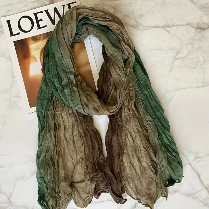 Color Block Crinkled Scarf Thin Breathable Retro Literary Shawl Simple Style Sunscreen Wrap For Women