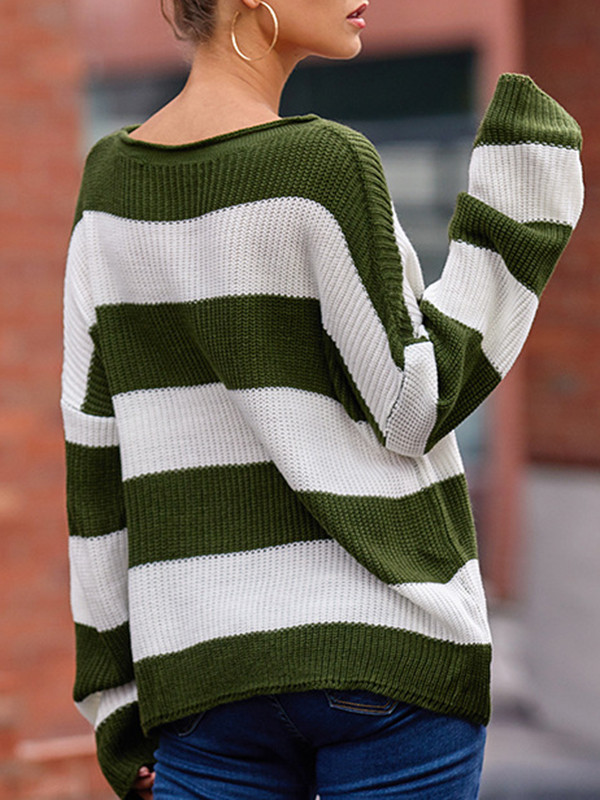 Long Sleeves Loose Contrast Color Striped Round-Neck Pullovers Sweater Tops
