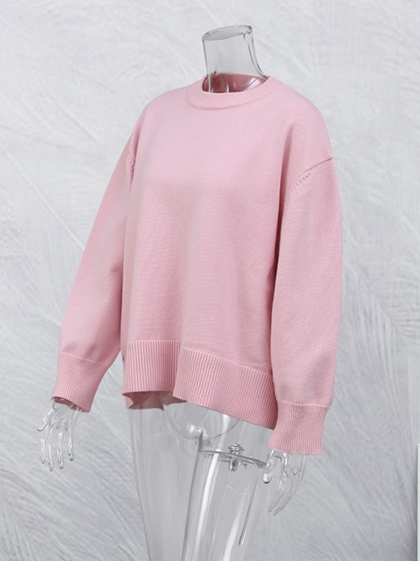 Solid Color Split-Joint Long Sleeves Loose Round-Neck Sweater Tops