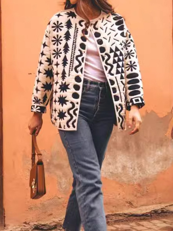 Long Sleeves Loose Contrast Color Printed Reversible Split-Joint Outerwear