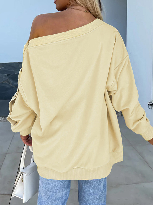 Long Sleeves Loose Buttoned Solid Color Split-Joint One-Shoulder Sweatshirt Tops