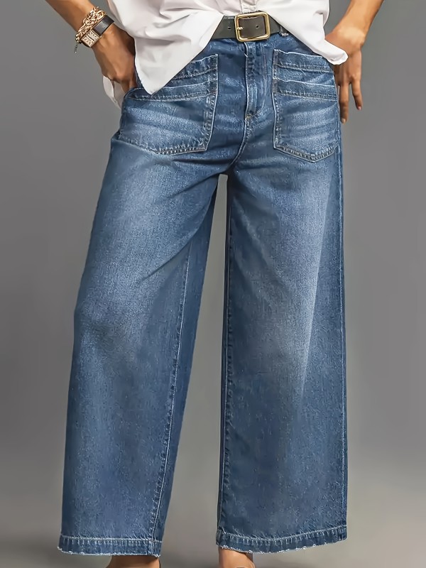 1pc Vintage Denim Wide Leg Jeans, Cropped Boot Cut with Brushed Hem, Mid-Waist Button Fly, All-Season Solid Color, Medium Stretch Fabric, Casual Weekend Style