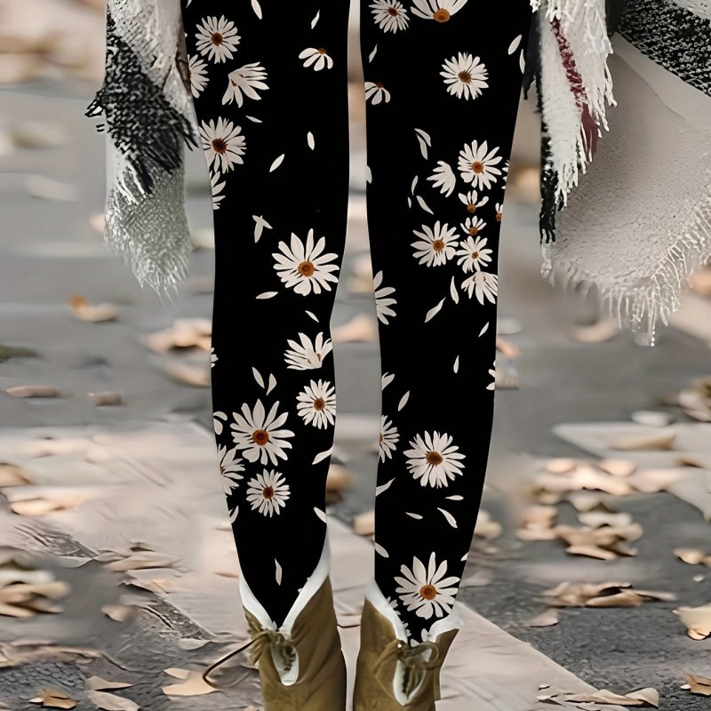 High Waist Floral Print Leggings for Women - Stretchy Skinny Casual Daily Wear Leggings