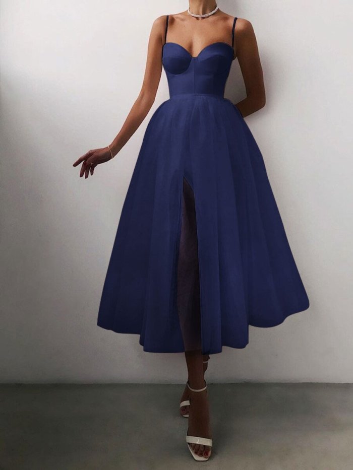 French Vintage solid color mesh dress