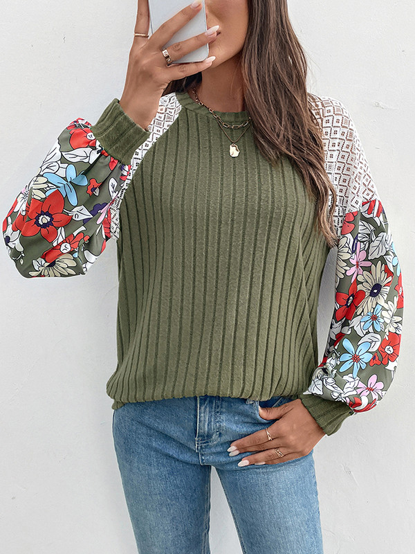Long Sleeves Loose Contrast Color Flower Print Split-Joint Round-Neck T-Shirts Tops