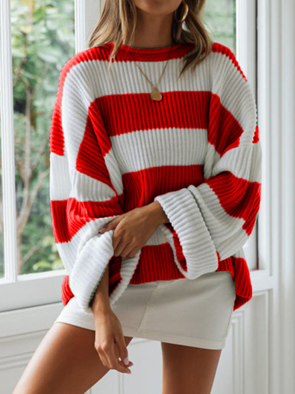 Long Sleeves Loose Contrast Color Striped Round-Neck Pullovers Sweater Tops