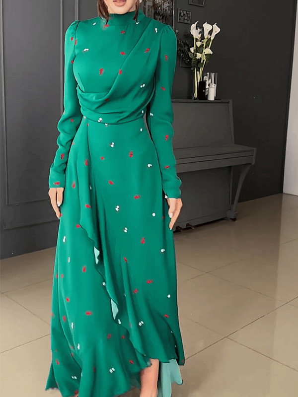 Fashion Long-Sleeved Ruffled Print Dress