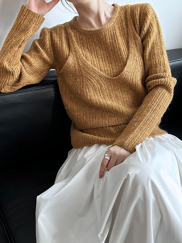 False Two Long Sleeves Solid Color Round-Neck Pullovers Sweater Tops