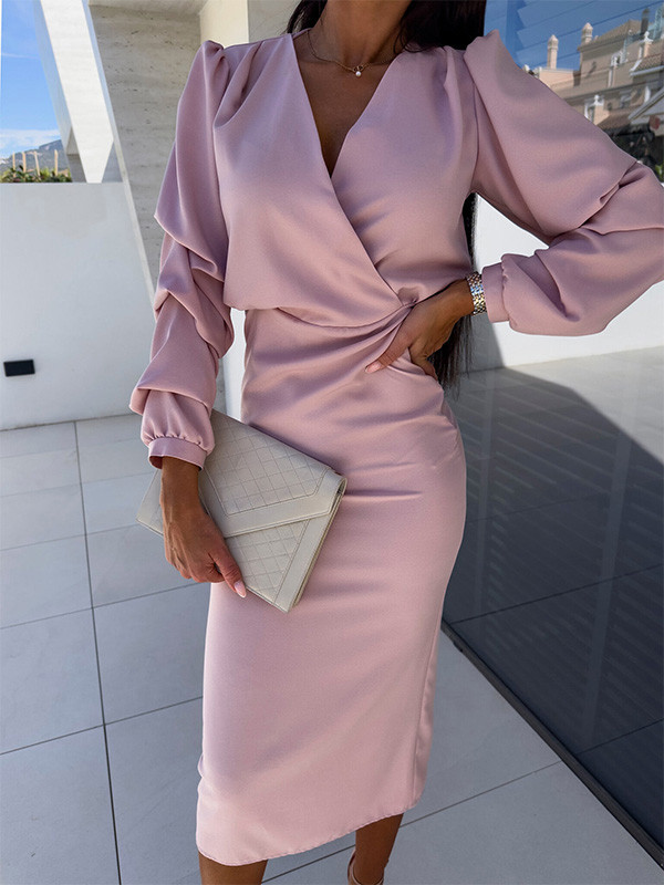 Stylish Sim V-Neck Solid Color Hip Wrap Dress