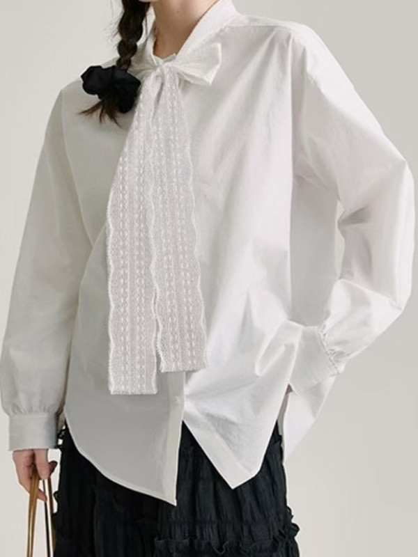 Long Sleeves Buttoned Solid Color Lace Collar Blouses&Shirts Tops