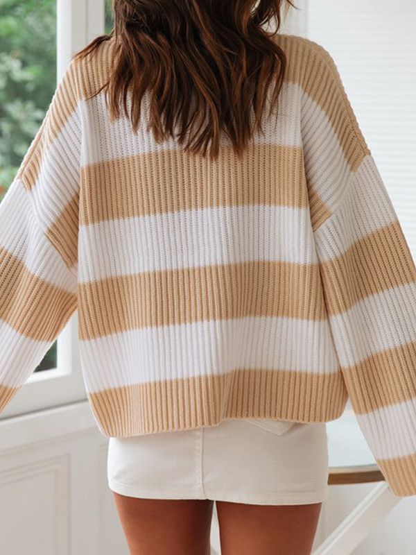 Long Sleeves Loose Contrast Color Striped Round-Neck Pullovers Sweater Tops