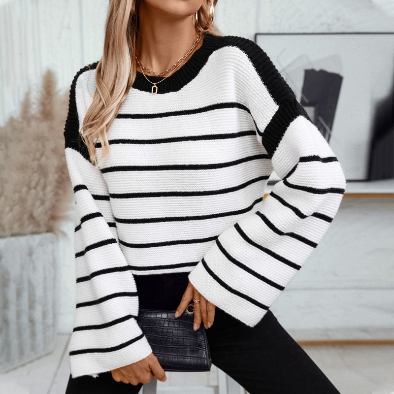 Crew-Neck Loose Striped Long-Sleeved Sweater