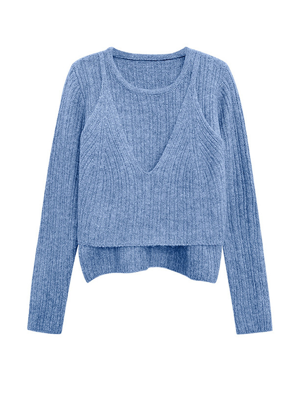 False Two Long Sleeves Solid Color Round-Neck Pullovers Sweater Tops